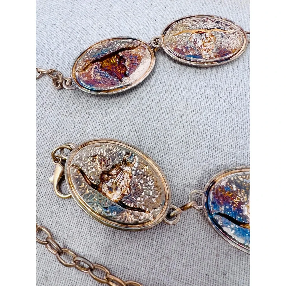 Vintage Western Longhorn Steer Skull Concho Chain Belt Gold Iridescent Patina
